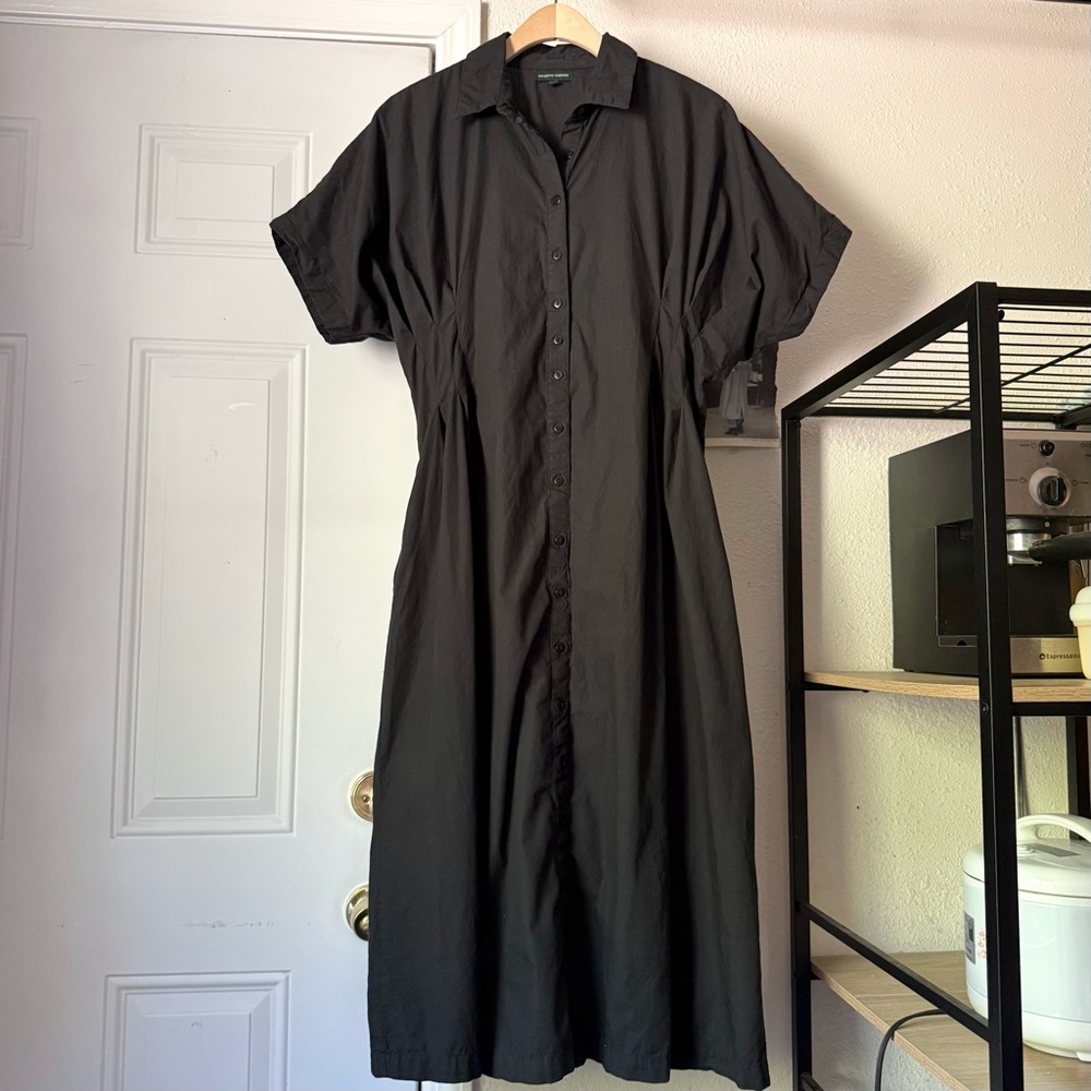 MEADOW‎ RHODES black cotton short sleeve dolman button up midi shirt dress